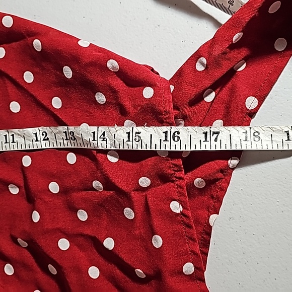 Red White PolkaDot Tie Front Crop Top Retro Flirty Sleeves Versatile - Picture 10 of 11